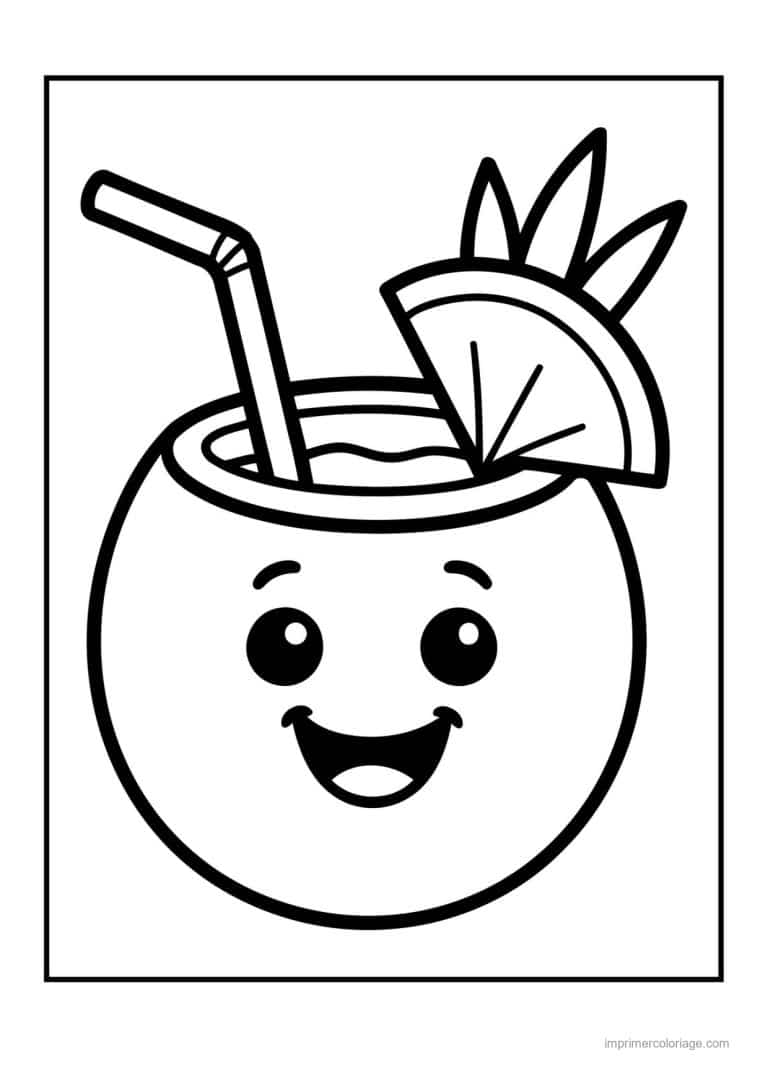 coloriage noix de coco noix de coco kawaii et sa paille 2 - dessin gratuit &agrave; imprimer