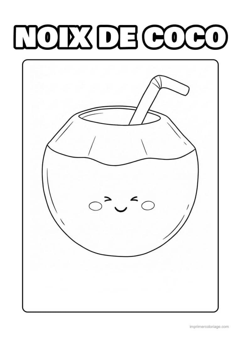 coloriage noix de coco noix de coco kawaii et sa paille - dessin gratuit &agrave; imprimer