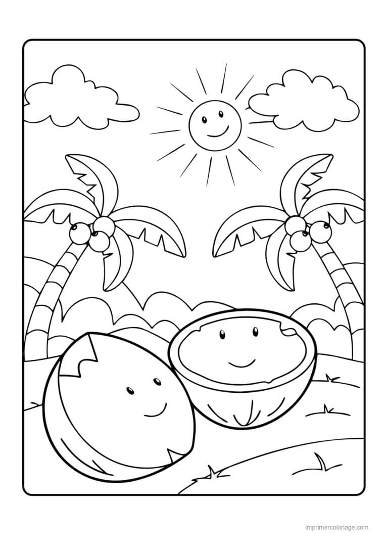 coloriage noix de coco noix de coco kawaii sous les palmiers - dessin gratuit &agrave; imprimer