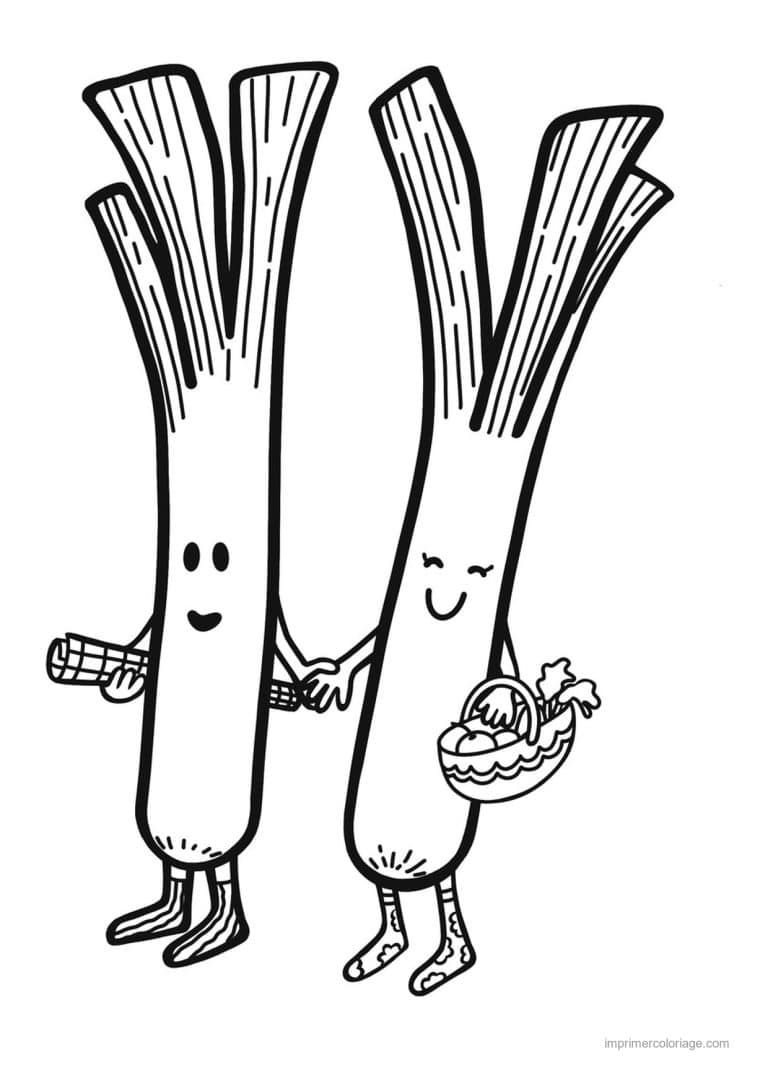 coloriage oignon ail poireau deux poireaux kawaii - dessin gratuit &agrave; imprimer