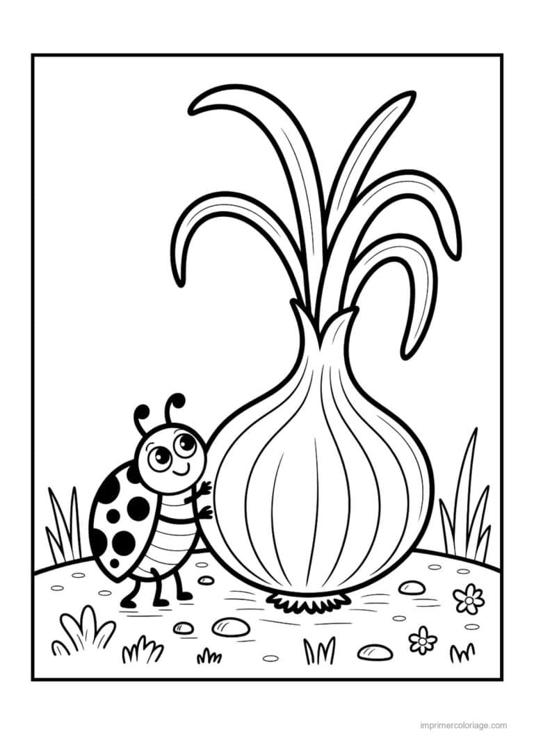 coloriage oignon ail poireau oignon a la longue tige et coccinelle - dessin gratuit &agrave; imprimer