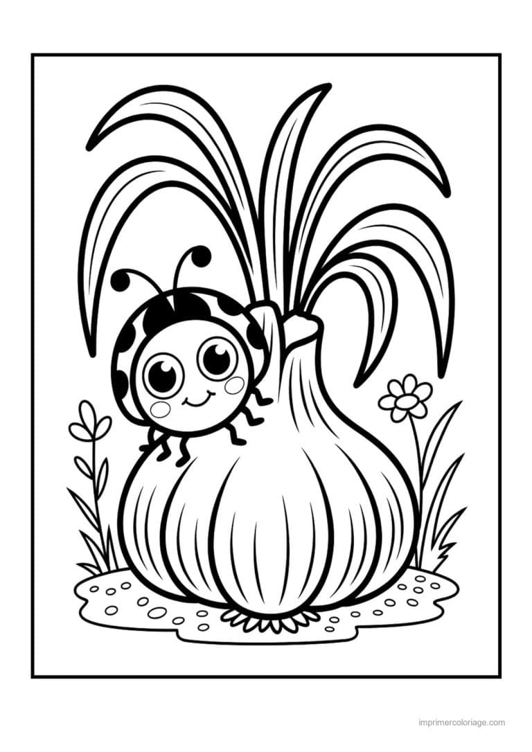 coloriage oignon ail poireau oignon fleuri et coccinelle - dessin gratuit &agrave; imprimer