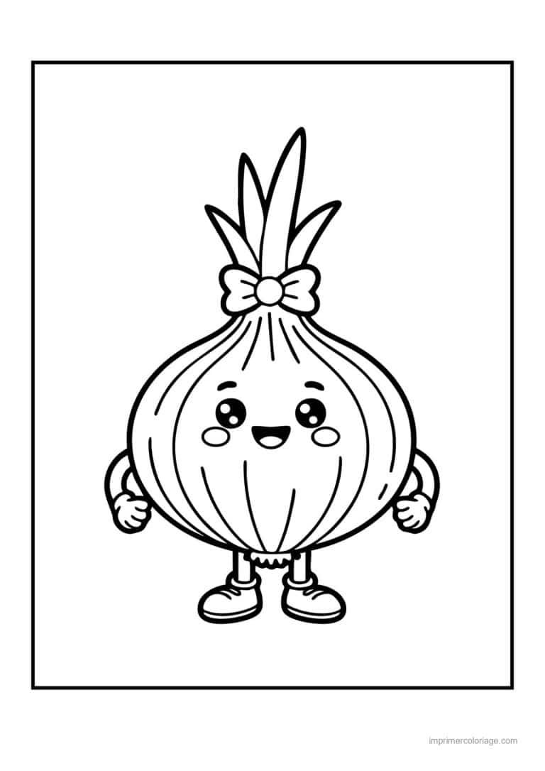 coloriage oignon ail poireau oignon kawaii au noeud - dessin gratuit &agrave; imprimer