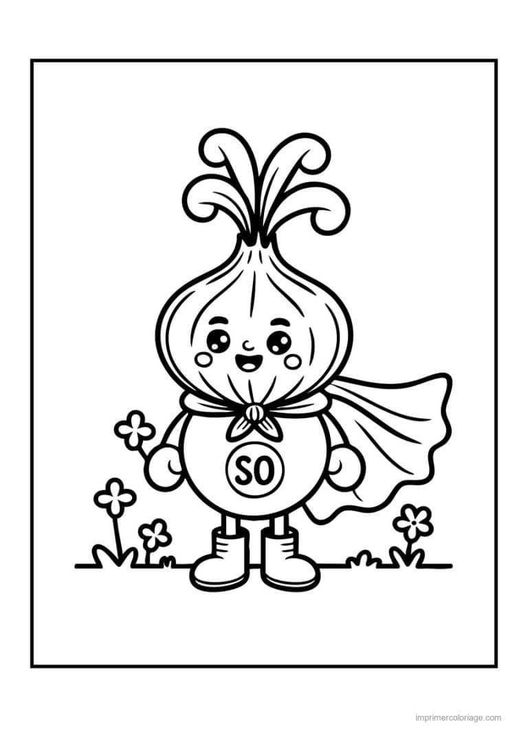 coloriage oignon ail poireau oignon kawaii super heros - dessin gratuit &agrave; imprimer