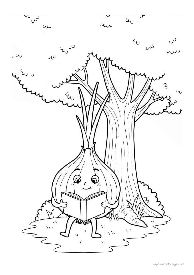 coloriage oignon ail poireau oignon qui lit sous un arbre - dessin gratuit &agrave; imprimer