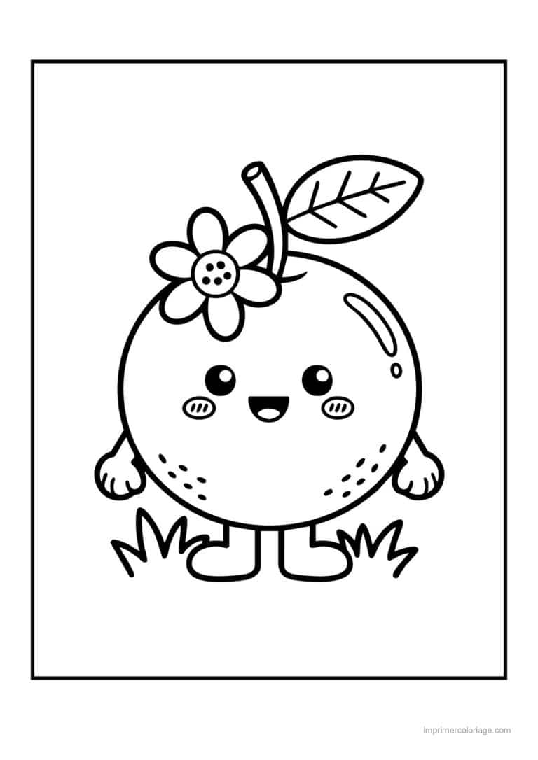 coloriage orange mandarine orange kawaii a la fleur - dessin gratuit &agrave; imprimer