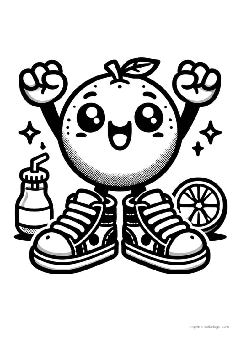 coloriage orange mandarine orange kawaii et sa bouteille de jus - dessin gratuit &agrave; imprimer