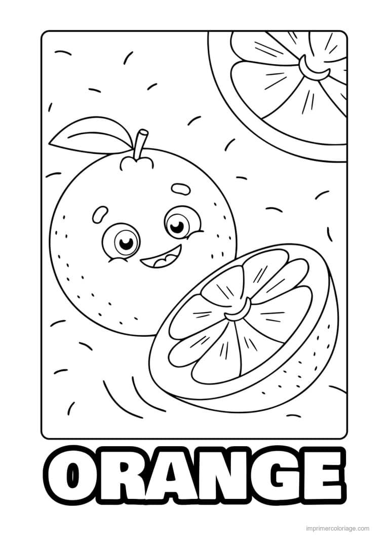coloriage orange mandarine orange kawaii et sa tranche au soleil - dessin gratuit &agrave; imprimer