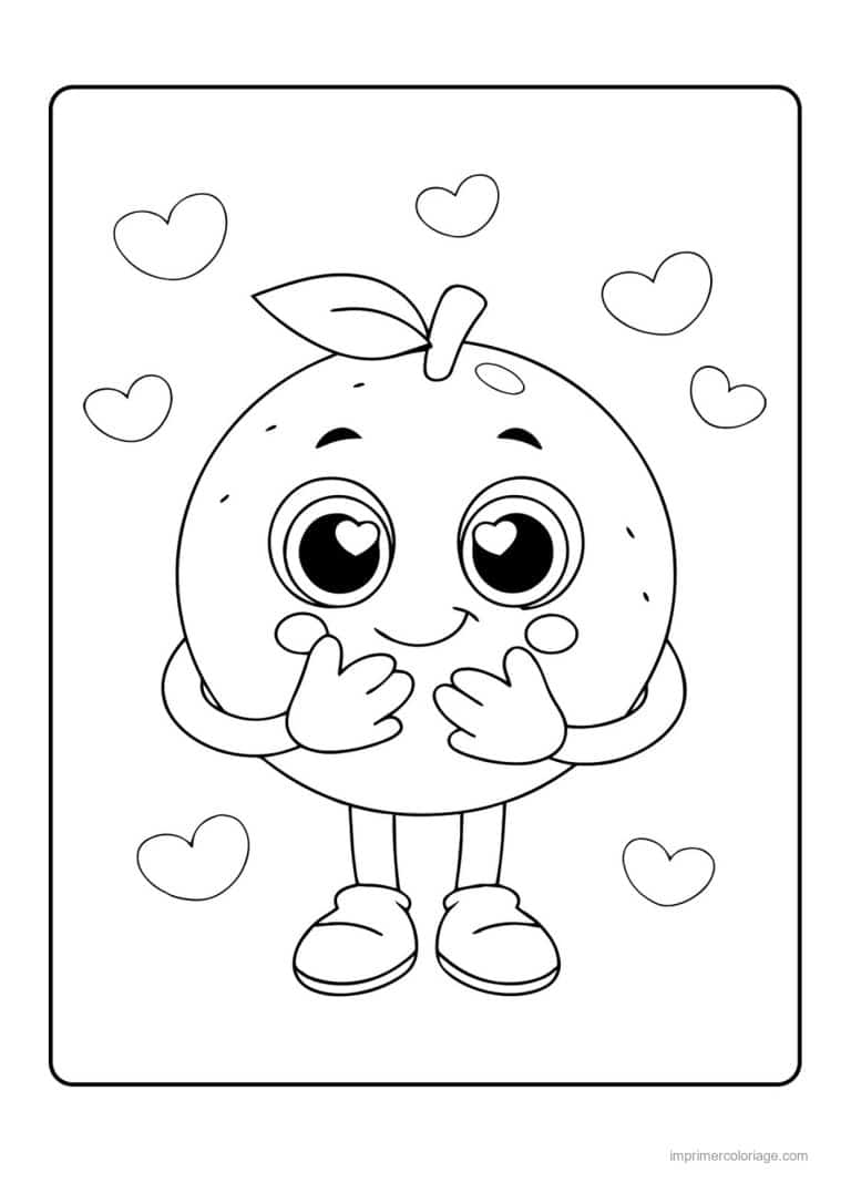 coloriage orange mandarine orange kawaii et ses coeurs - dessin gratuit &agrave; imprimer