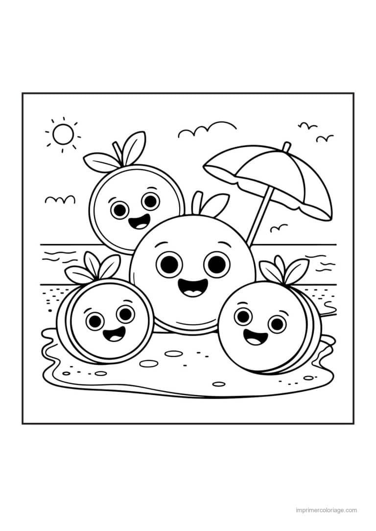 coloriage orange mandarine oranges kawaii a la plage - dessin gratuit &agrave; imprimer
