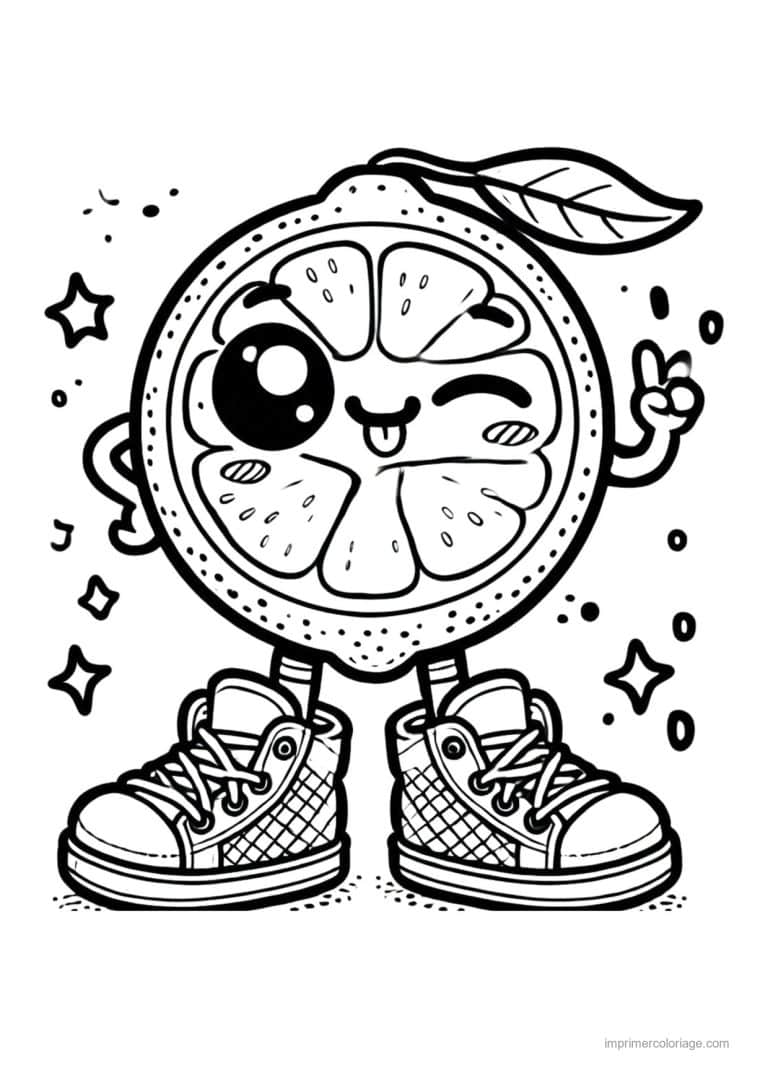 coloriage orange mandarine tranche d orange kawaii en baskets - dessin gratuit &agrave; imprimer