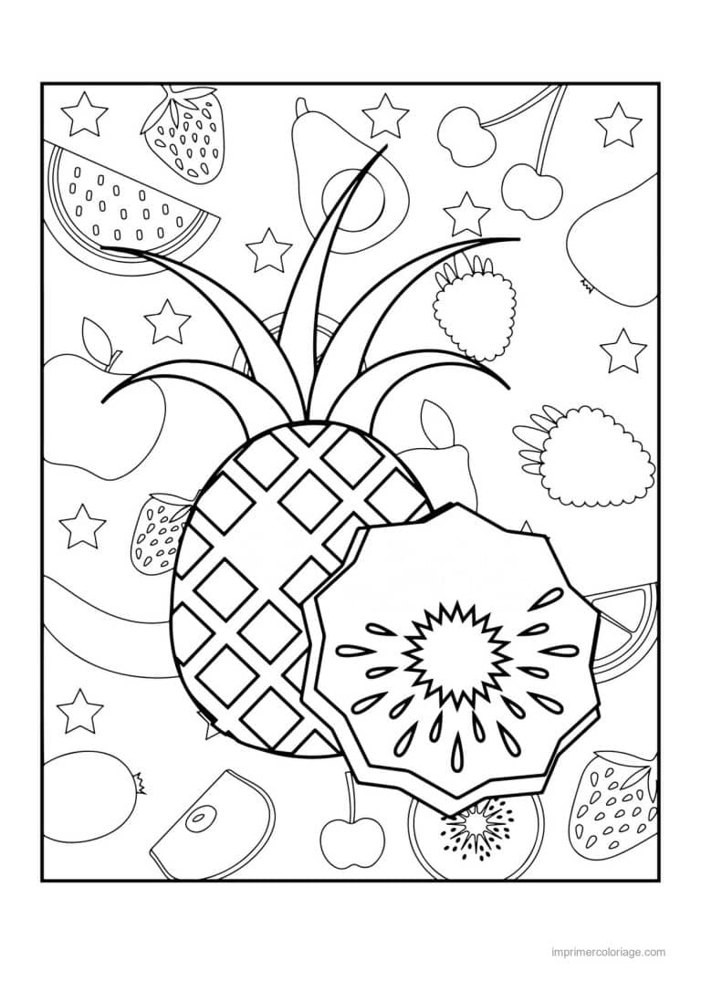 coloriage panier de fruits ananas et kiwi sur fond motif - dessin gratuit &agrave; imprimer