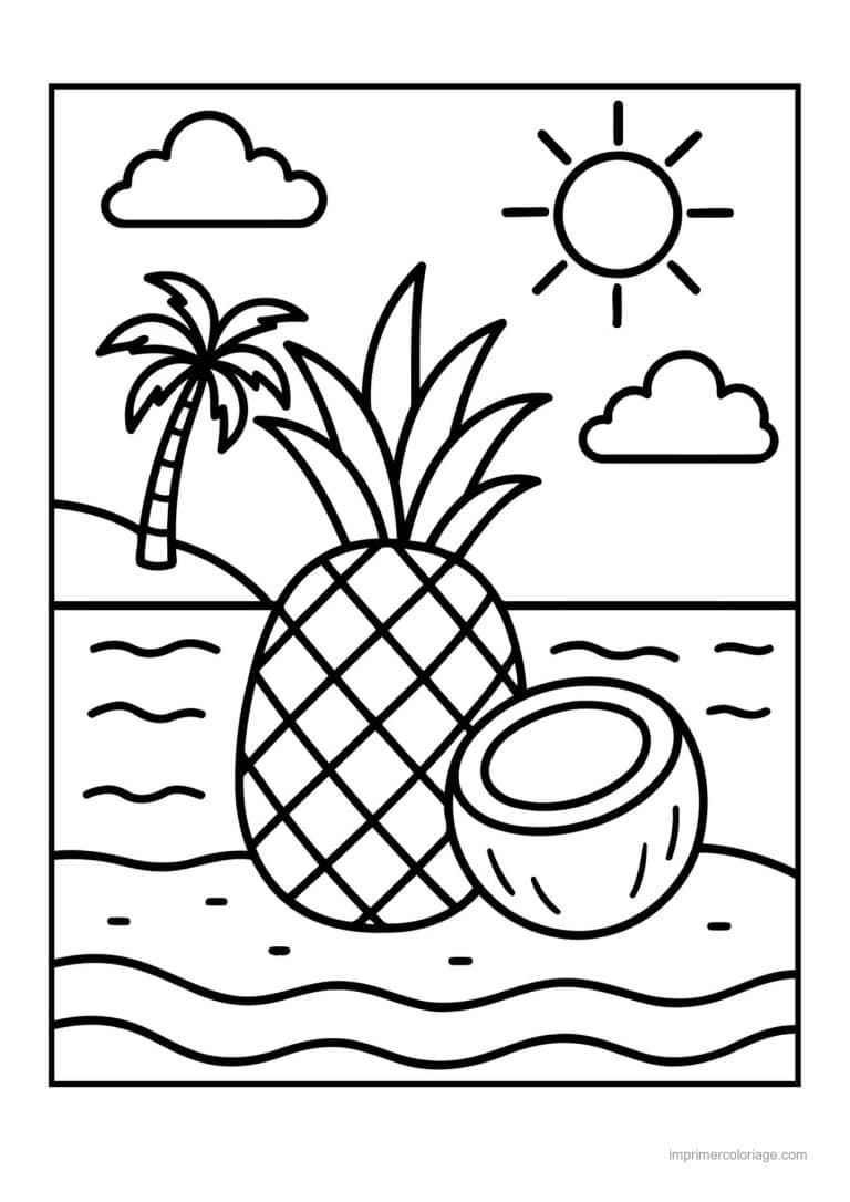 coloriage panier de fruits ananas et noix de coco a la plage - dessin gratuit &agrave; imprimer