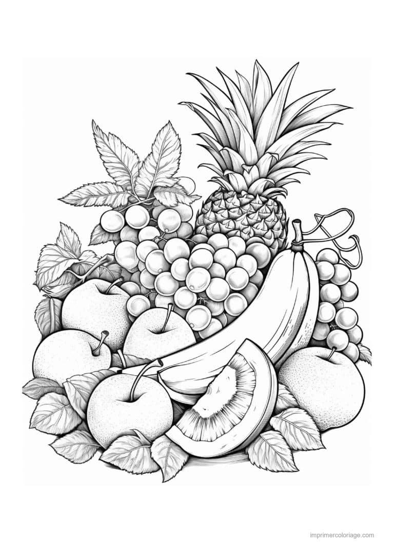 coloriage panier de fruits ananas raisin banane et melon - dessin gratuit &agrave; imprimer