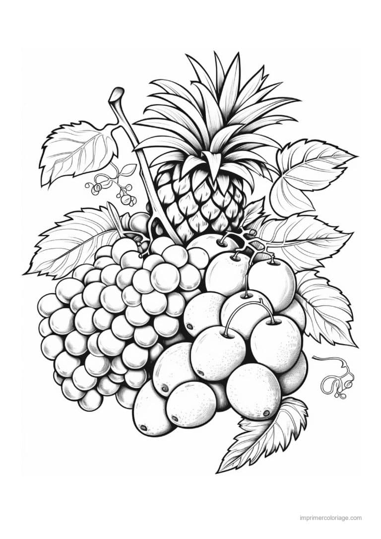 coloriage panier de fruits ananas raisin et prunes - dessin gratuit &agrave; imprimer