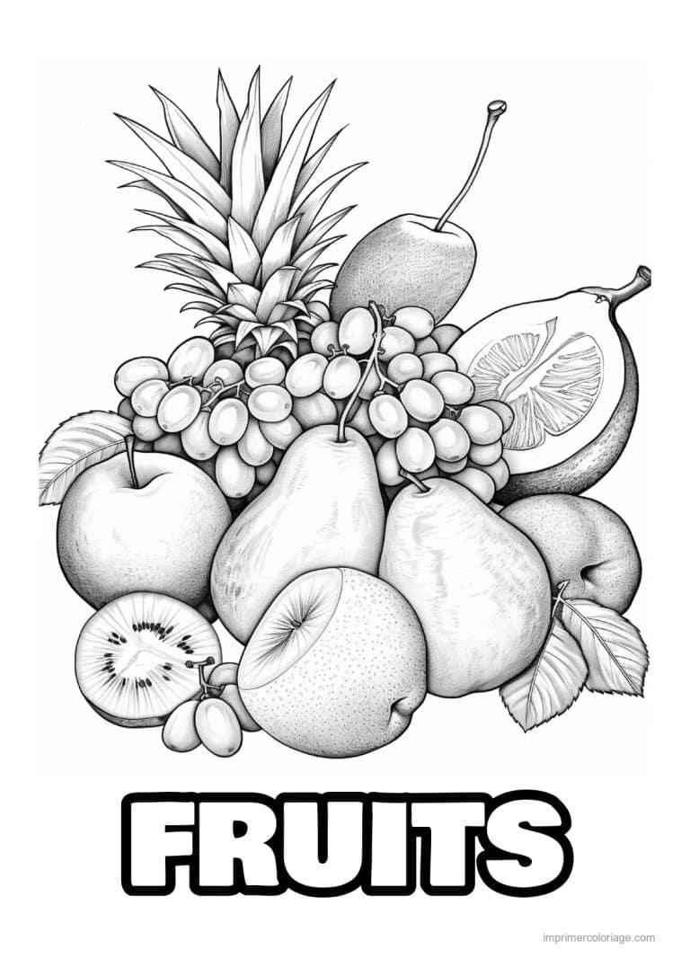 coloriage panier de fruits ananas raisin poires et kiwi - dessin gratuit &agrave; imprimer