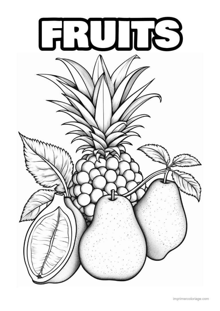 coloriage panier de fruits ananas raisin poires et melon - dessin gratuit &agrave; imprimer