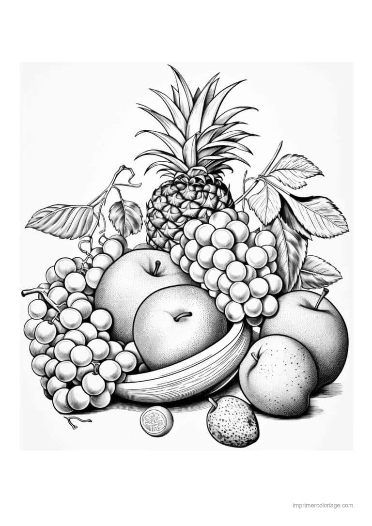 coloriage panier de fruits ananas raisin pommes et banane - dessin gratuit &agrave; imprimer