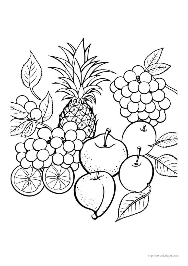 coloriage panier de fruits assortiment de fruits et ananas - dessin gratuit &agrave; imprimer