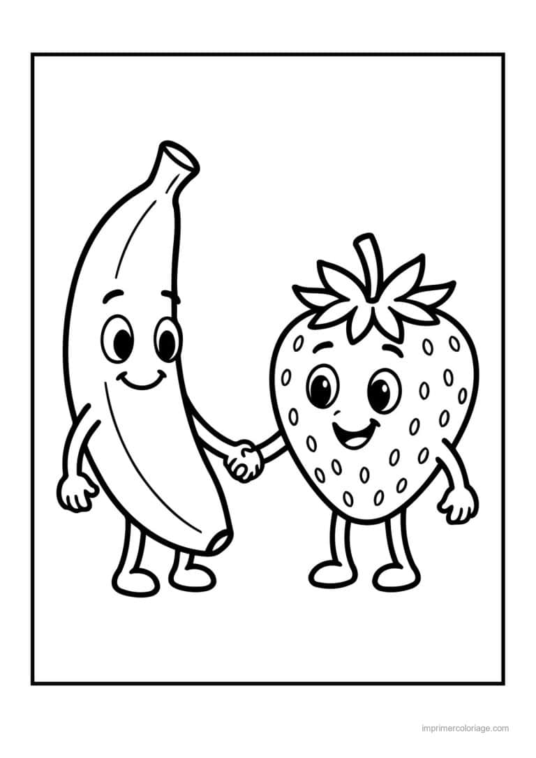 coloriage panier de fruits banane et fraise kawaii main dans la main - dessin gratuit &agrave; imprimer
