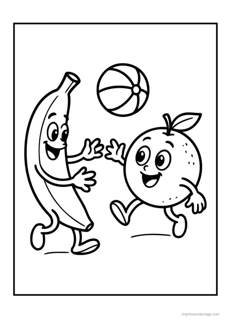 coloriage panier de fruits banane et orange kawaii au ballon - dessin gratuit &agrave; imprimer
