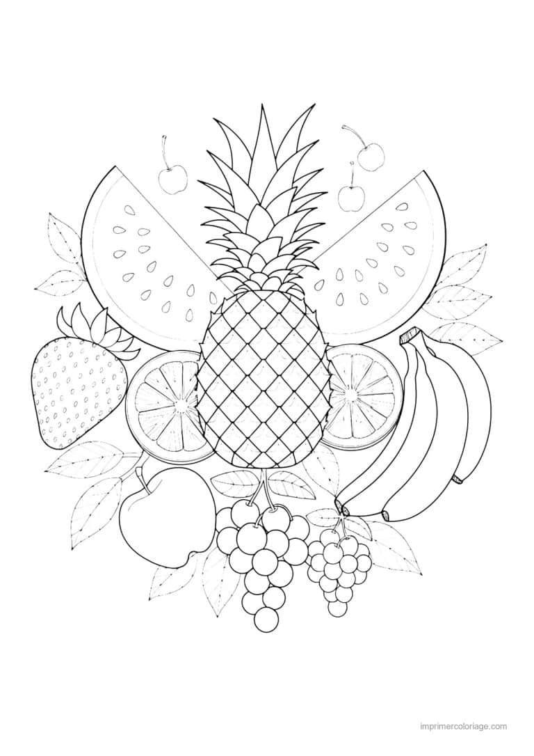coloriage panier de fruits bouquet d ananas bananes et raisin 121 - dessin gratuit &agrave; imprimer