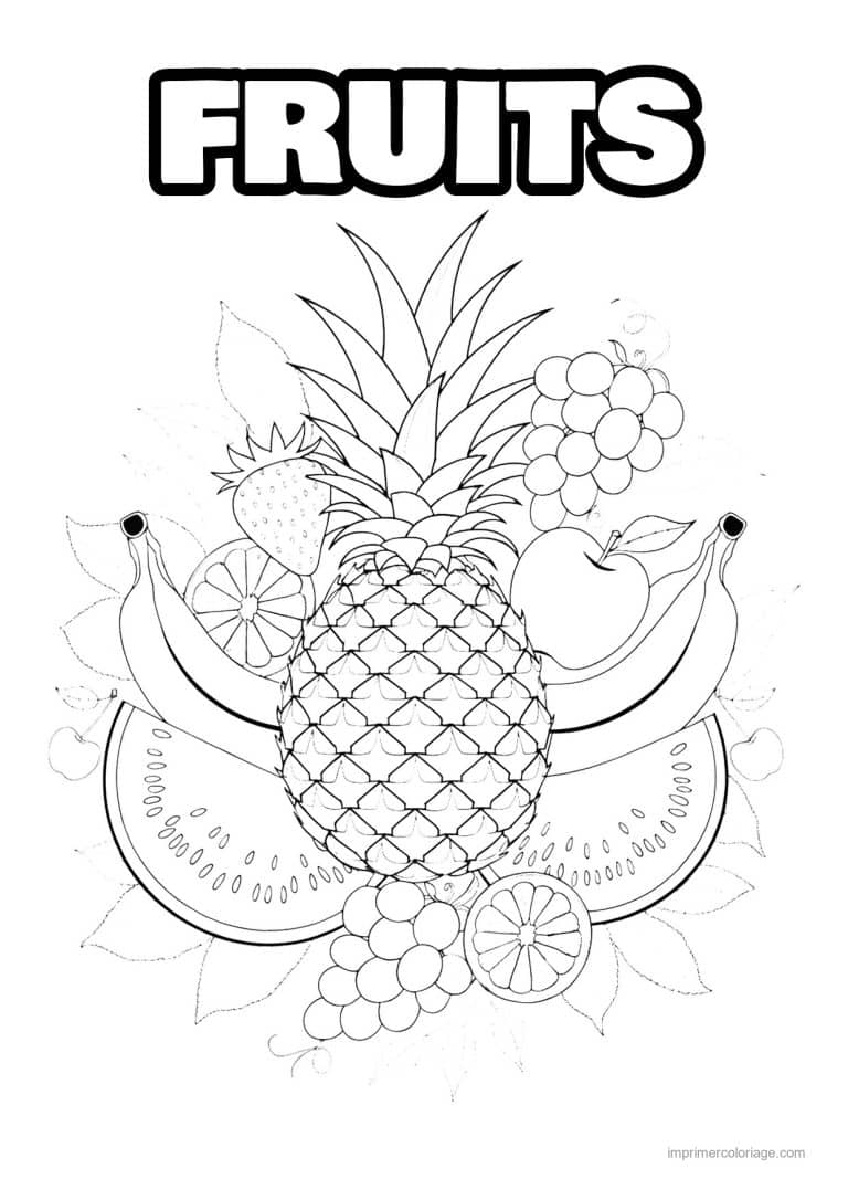 coloriage panier de fruits bouquet d ananas bananes et raisin 176 - dessin gratuit &agrave; imprimer