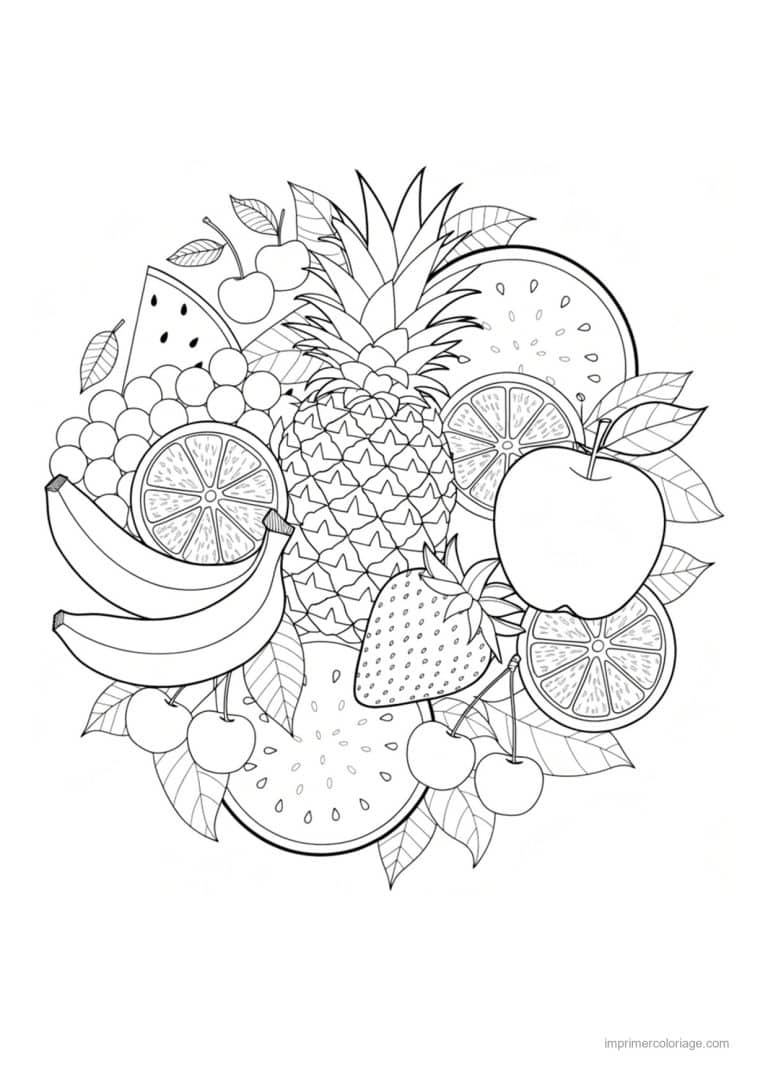 coloriage panier de fruits bouquet rond de fruits et ananas 11 - dessin gratuit &agrave; imprimer