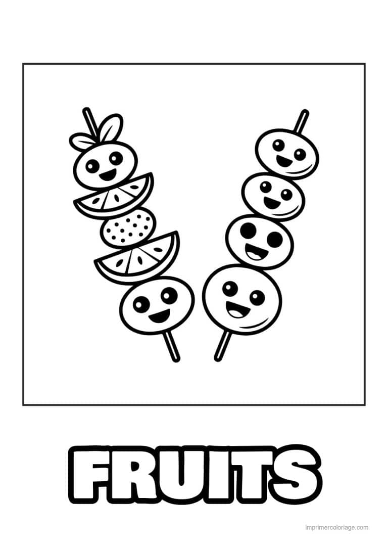 coloriage panier de fruits brochettes de fruits kawaii - dessin gratuit &agrave; imprimer