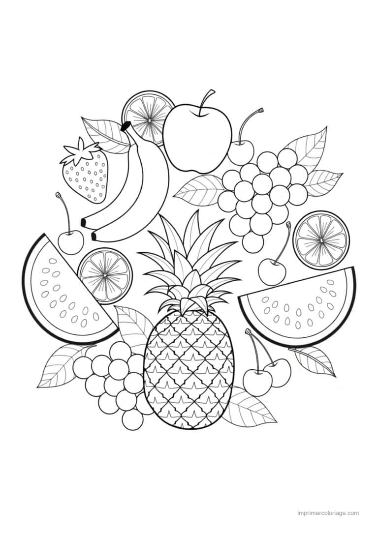 coloriage panier de fruits composition d ananas et de pasteque 87 - dessin gratuit &agrave; imprimer