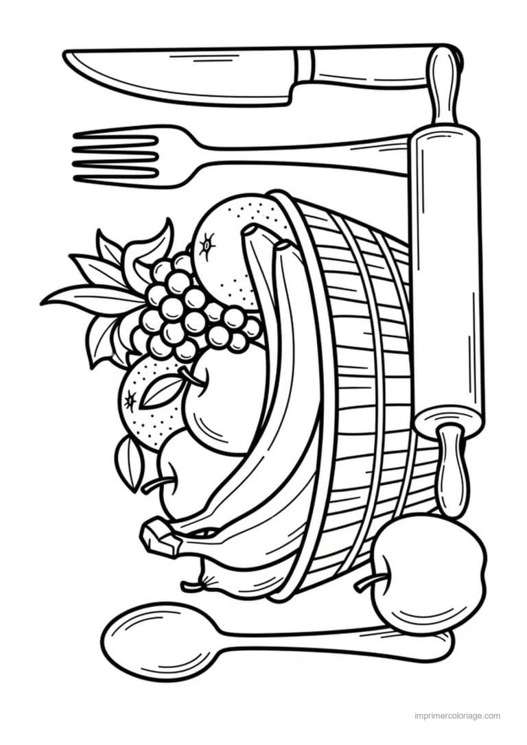 coloriage panier de fruits corbeille de fruits et couverts - dessin gratuit &agrave; imprimer