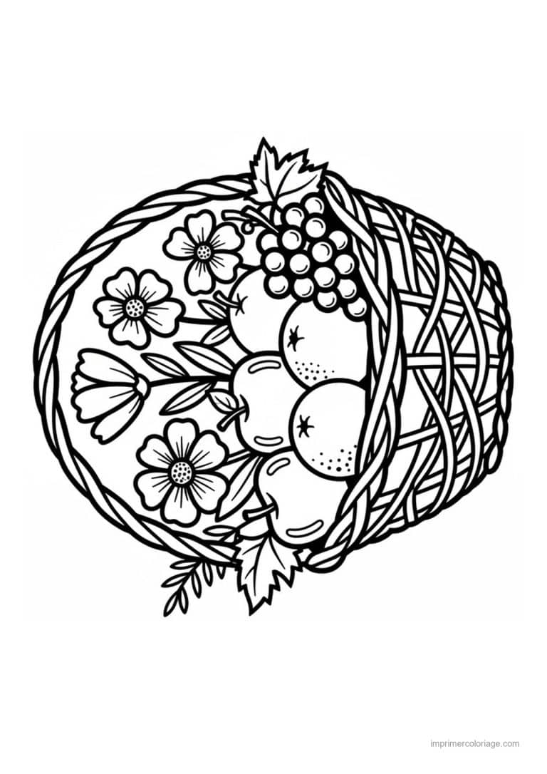 coloriage panier de fruits corbeille ronde de fruits et raisin - dessin gratuit &agrave; imprimer