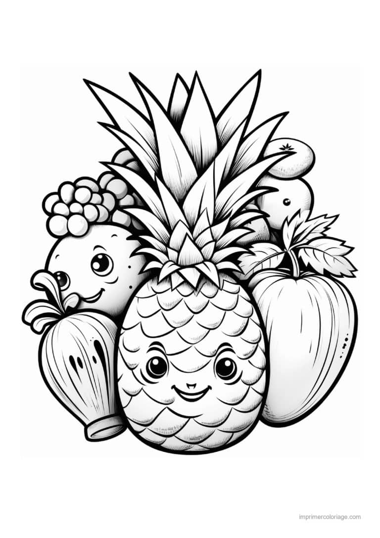coloriage panier de fruits fruits kawaii ananas souriant - dessin gratuit &agrave; imprimer