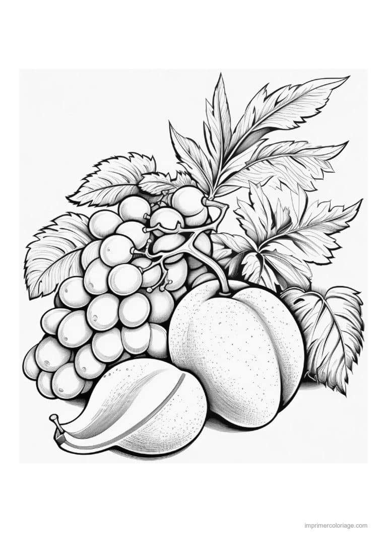 coloriage panier de fruits grappe de raisin banane et pomme - dessin gratuit &agrave; imprimer