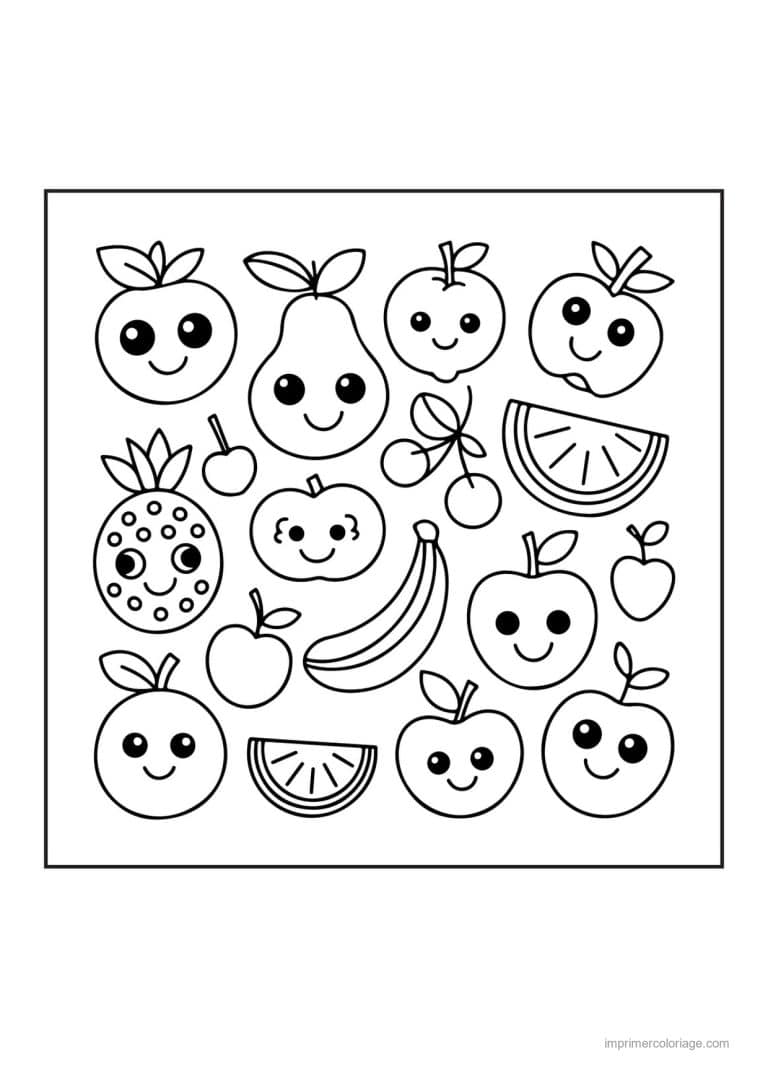 coloriage panier de fruits motif de fruits kawaii - dessin gratuit &agrave; imprimer