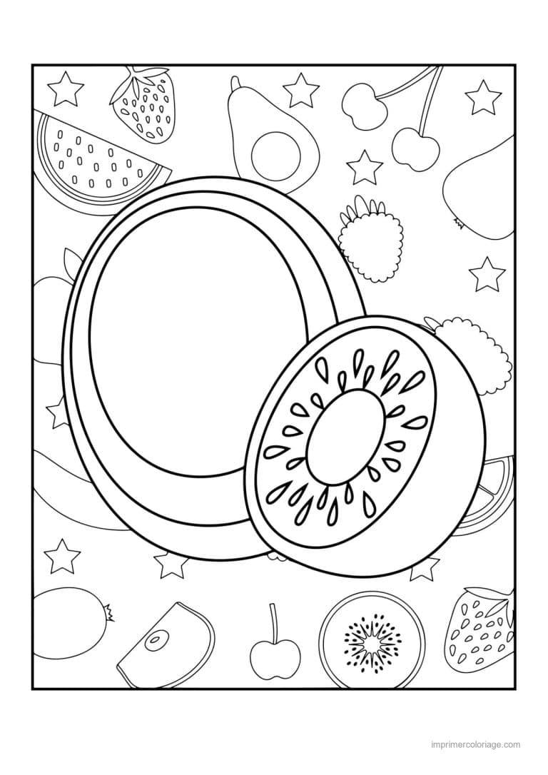 coloriage panier de fruits noix de coco et kiwi sur fond motif - dessin gratuit &agrave; imprimer