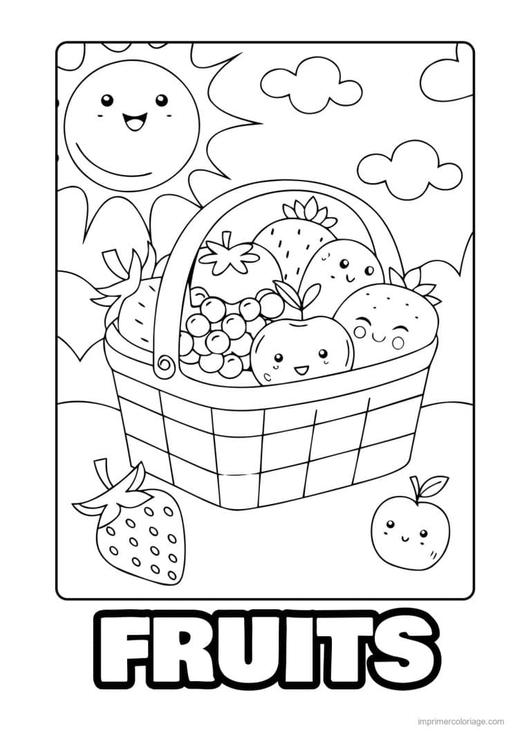 coloriage panier de fruits panier de fruits kawaii au soleil - dessin gratuit &agrave; imprimer