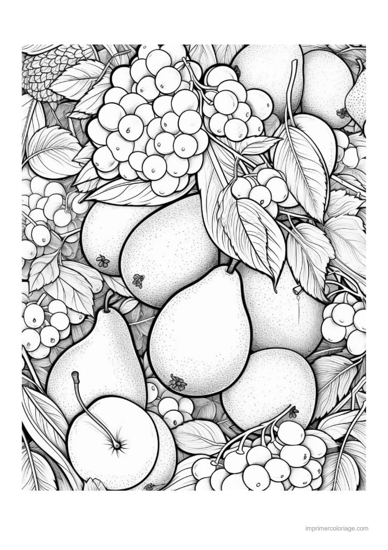 coloriage panier de fruits poires pommes et grappes de raisin - dessin gratuit &agrave; imprimer