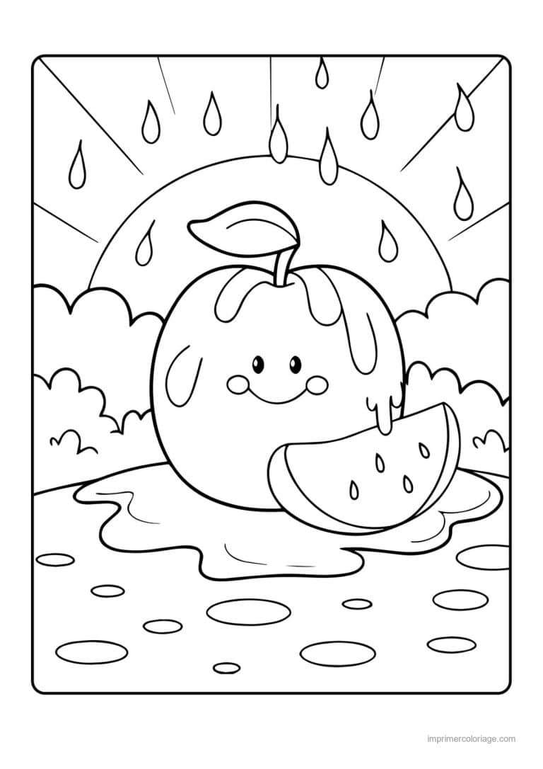 coloriage panier de fruits pomme kawaii et tranche de pasteque - dessin gratuit &agrave; imprimer