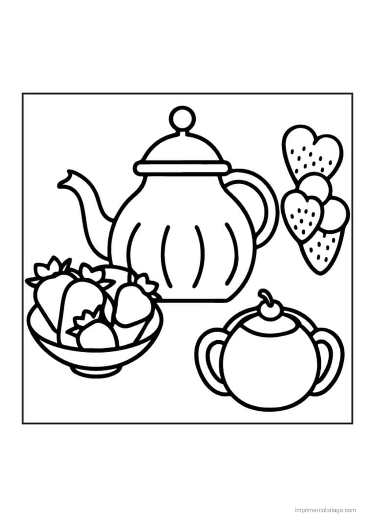 coloriage panier de fruits theiere et fraises - dessin gratuit &agrave; imprimer
