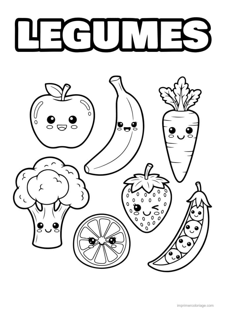 coloriage panier de legumes assortiment de fruits et legumes kawaii - dessin gratuit &agrave; imprimer