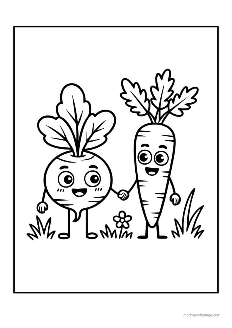 coloriage panier de legumes betterave et carotte kawaii main dans la main - dessin gratuit &agrave; imprimer