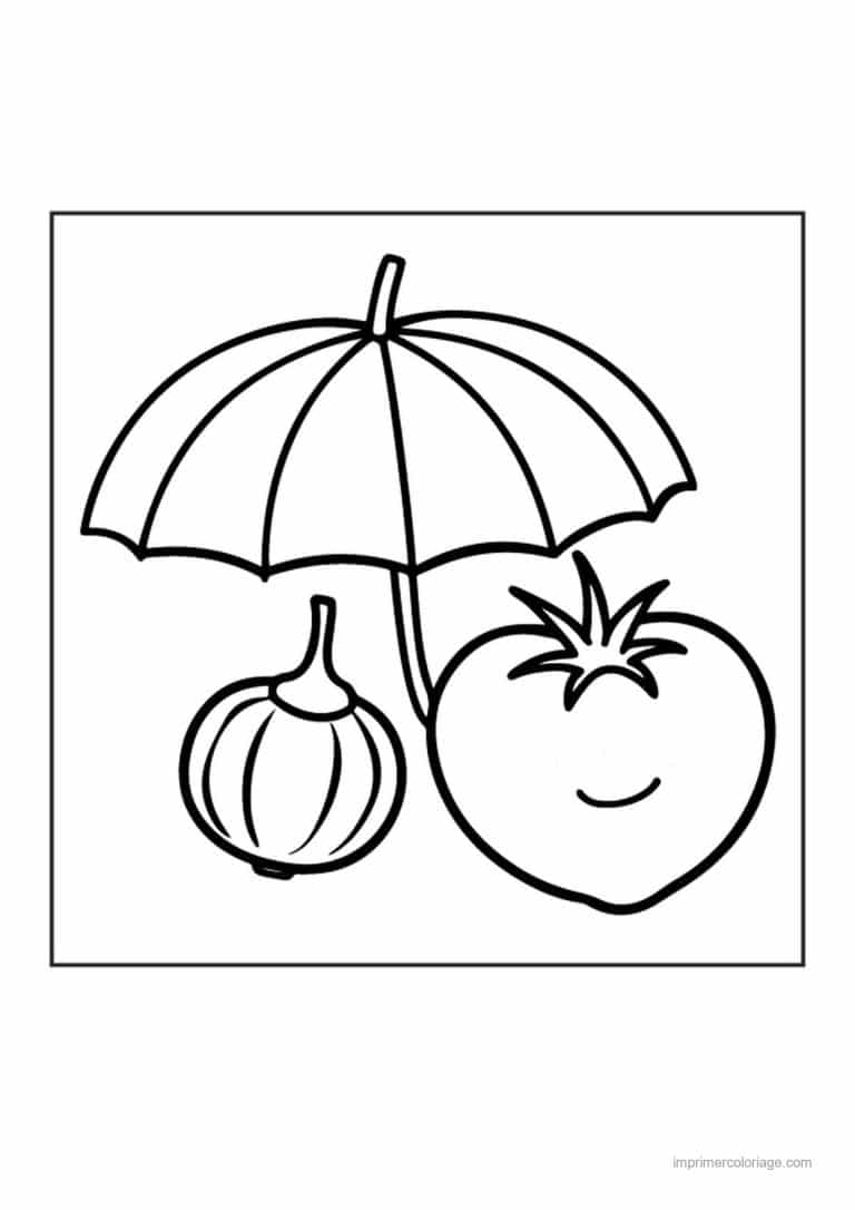 coloriage panier de legumes tomate et oignon kawaii sous un parasol - dessin gratuit &agrave; imprimer