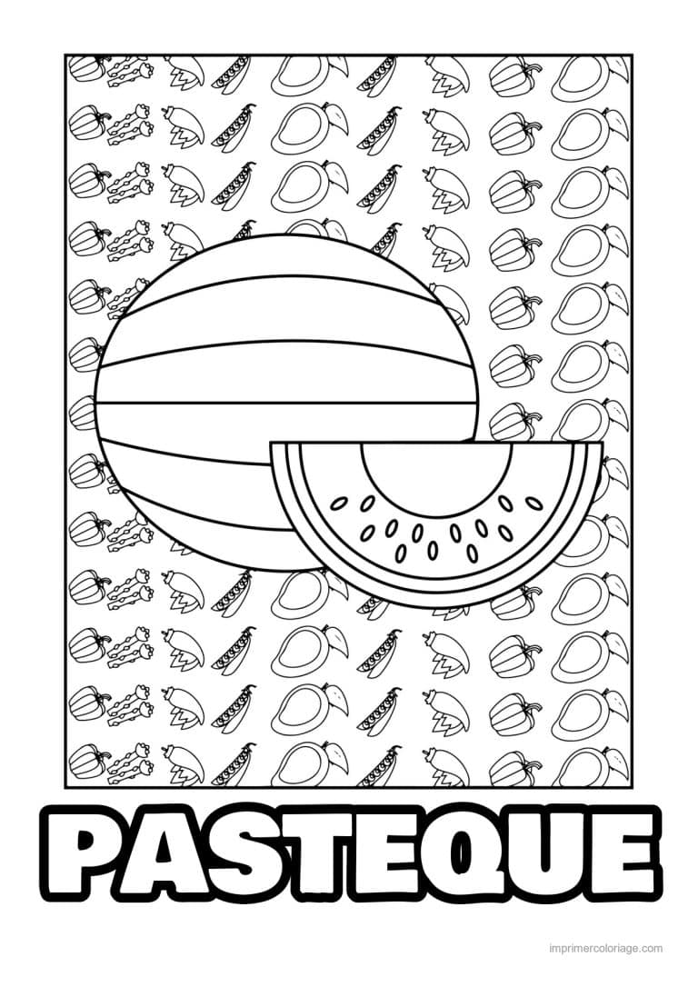 coloriage pasteque pasteque et sa tranche sur fond motif - dessin gratuit &agrave; imprimer