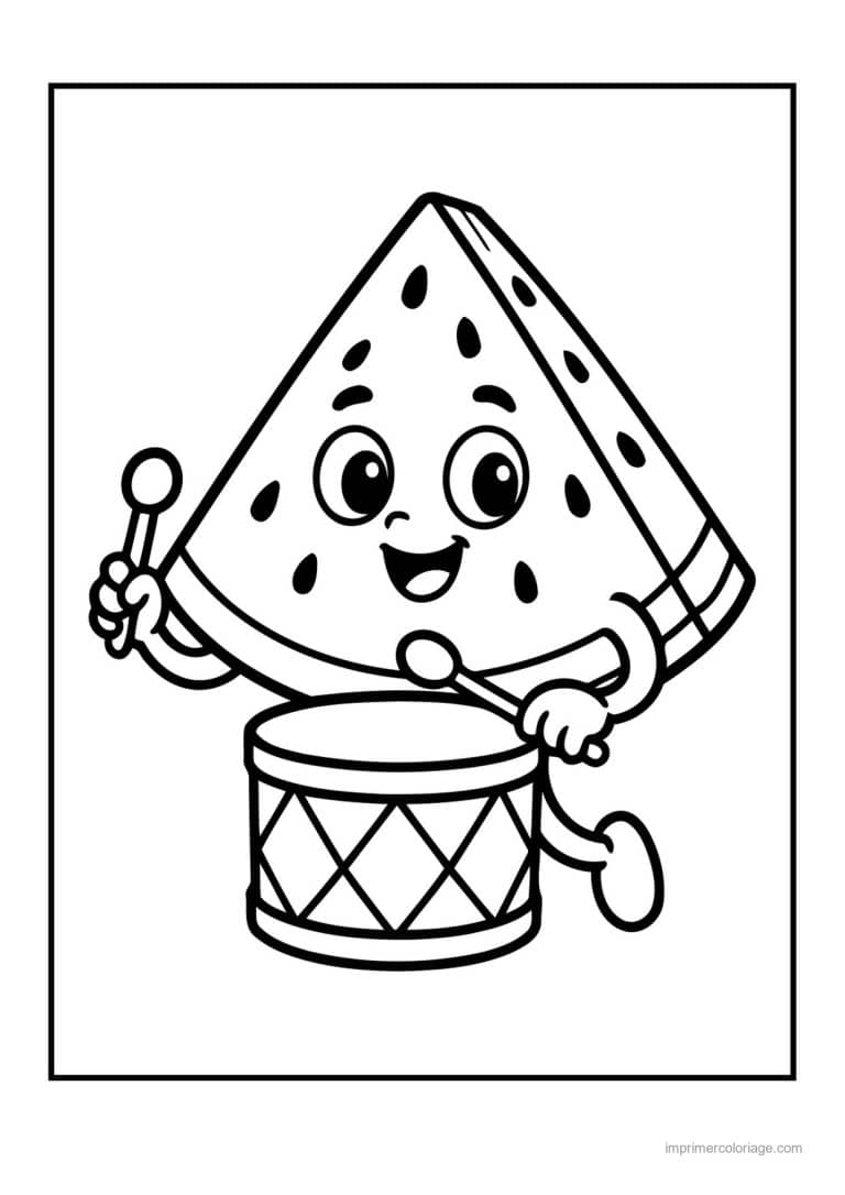coloriage pasteque pasteque kawaii au tambour - dessin gratuit &agrave; imprimer
