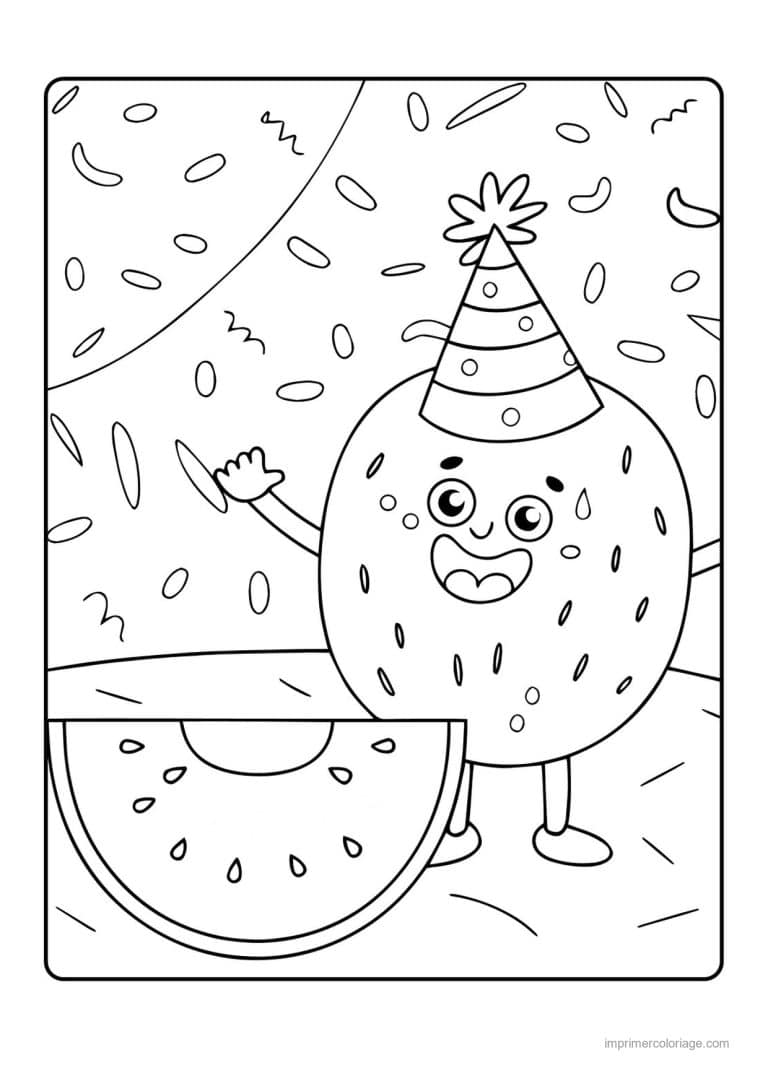 coloriage pasteque pasteque kawaii en chapeau de fete - dessin gratuit &agrave; imprimer
