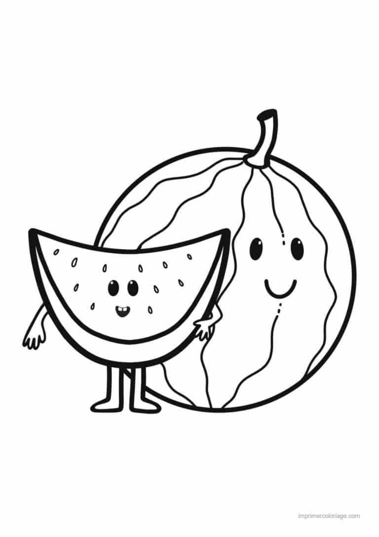 coloriage pasteque pasteque kawaii et sa tranche - dessin gratuit &agrave; imprimer