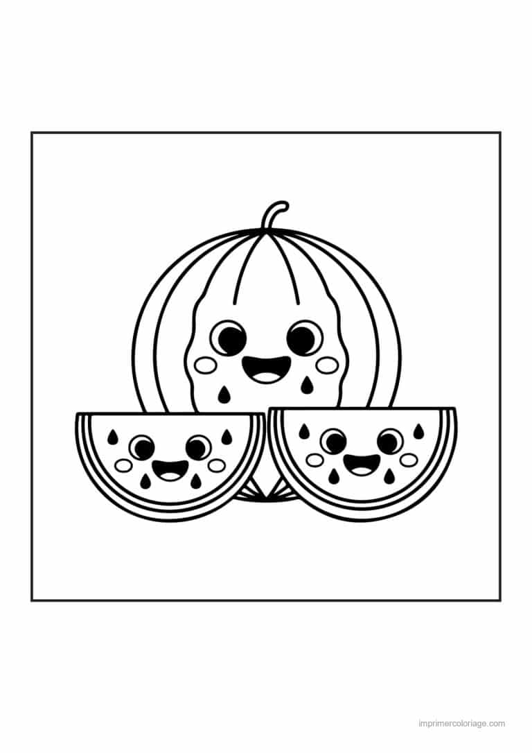 coloriage pasteque pasteque kawaii et ses tranches - dessin gratuit &agrave; imprimer