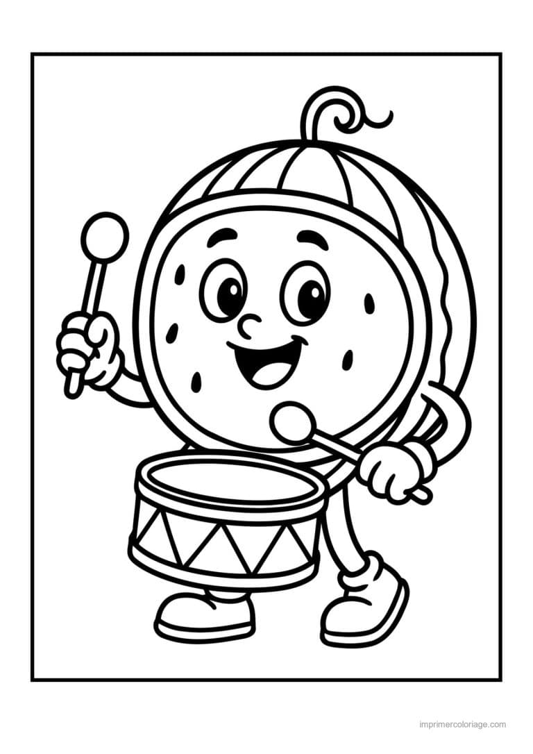 coloriage pasteque pasteque kawaii et son tambour - dessin gratuit &agrave; imprimer
