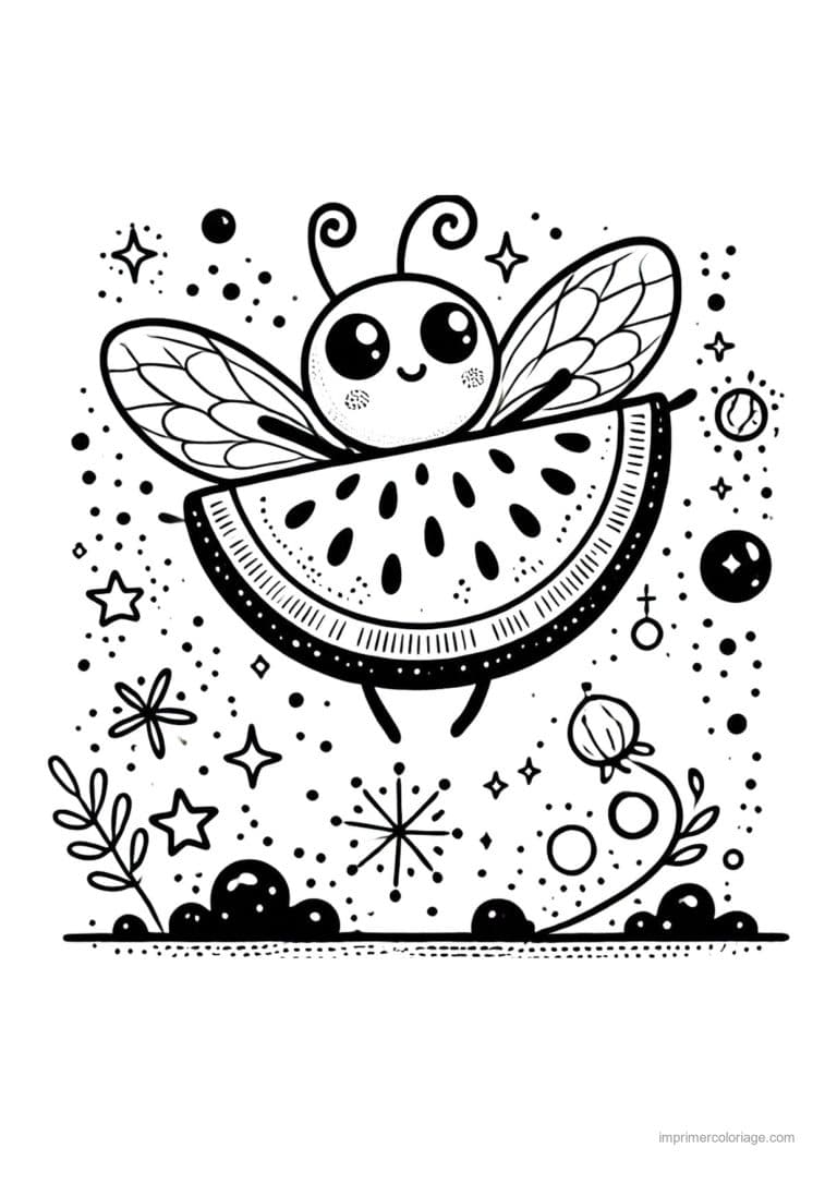 coloriage pasteque tranche de pasteque ailee - dessin gratuit &agrave; imprimer